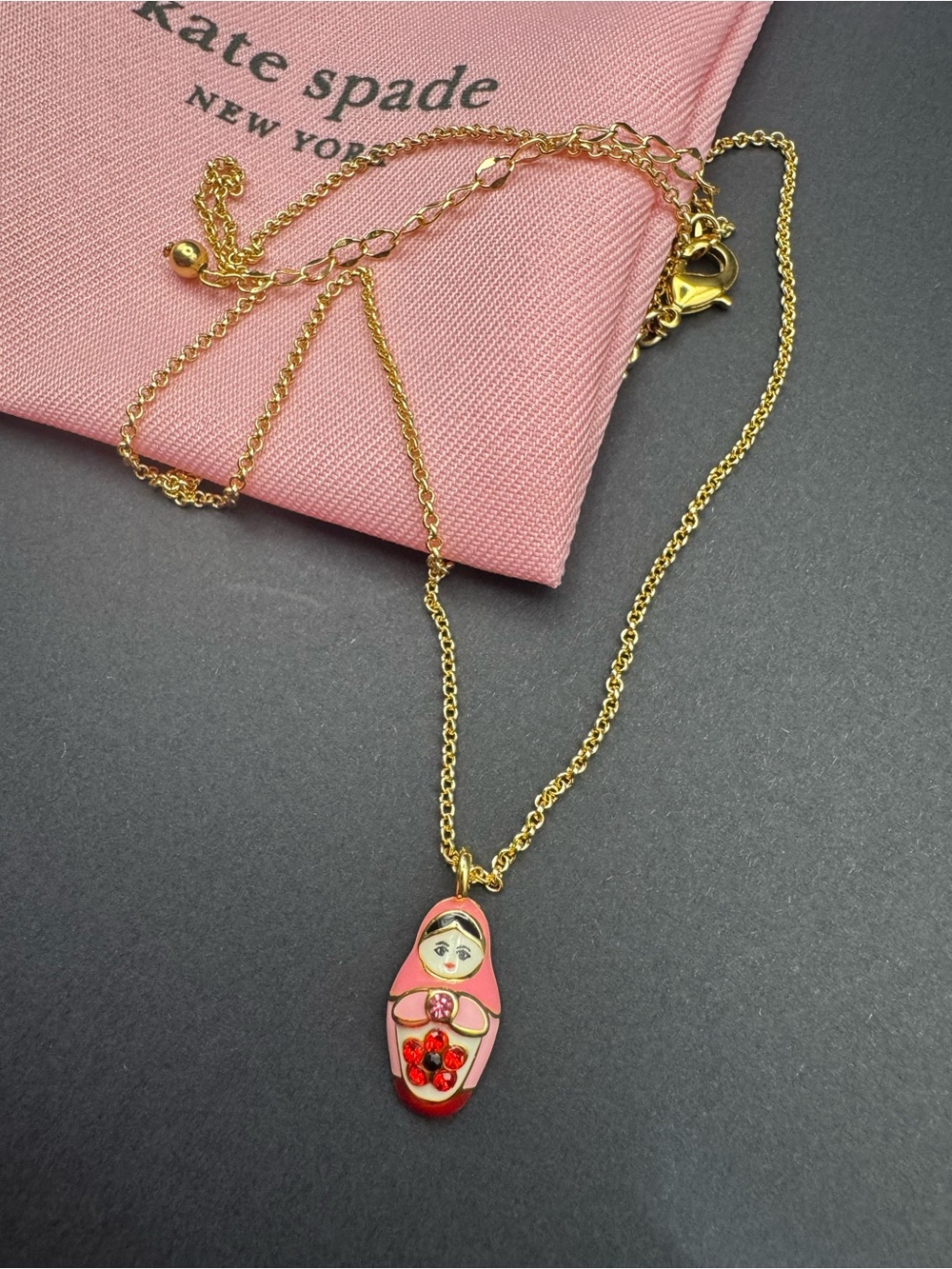 Kate Spade Gold-Tone Pink Matryoshka Pendant Necklace - Charming Doll Pendant